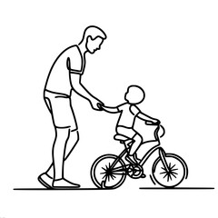 Fototapeta premium Father teaching his child to ride a bicycle tenderly and carefully in minimalist line art style - Single line vector outline concept