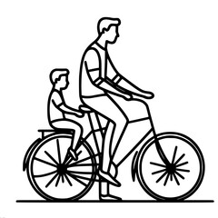 Father and son riding one bicycle together in simple linear vector outline