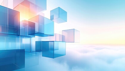 Fototapeta premium Floating cubes over layered fog and light