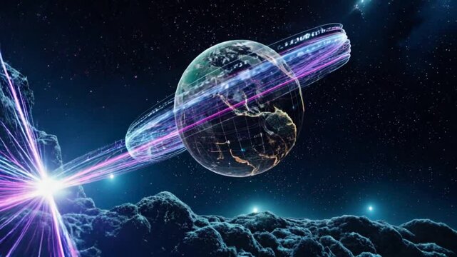 A spinning world nestled among glowing fibre clouds, transmitting data across interstellar realms.