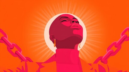 Minimalist illustration of a confident woman embracing freedom against a vibrant orange background. National Financial Freedom Day