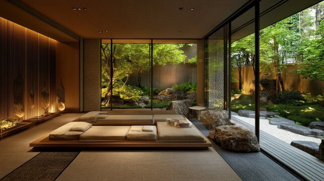 Serene minimalist interior daybeds overlooking japanese garden