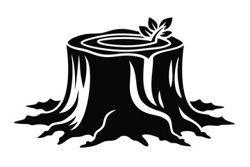 Isolated Black Silhouette Illustration of a Tree Stump with Growing Sprout and Leaf