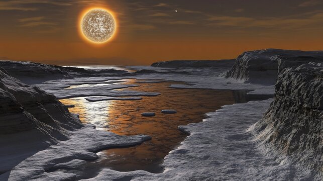 Ice covered Earth orbiting sun in alternate multiverse showcasing environmental variation in parallel worlds
