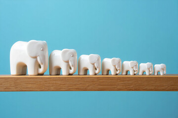A row of seven white ceramic elephant figurines arranged in descending size order on a wooden shelf against a blue background