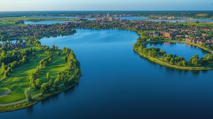 Fototapeta premium Panoramic view of a serene lake encompassing a city.