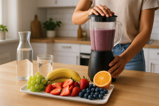 Making Fruit Smoothie with Fresh Ingredients and Blender in Bright Kitchen