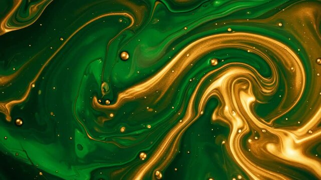 Fundo de v&iacute;deo abstrato com l&iacute;quidos ou tintas verde e dourado em movimento espiralado.