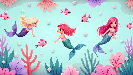 Playful mermaids with glittering tails in a colorful ocean, magical kids' pattern, serene and HD.