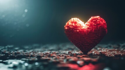 Fototapeta premium Glowing red pixel heart digital art abstract background