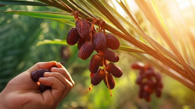 Harvesting fresh dates under the warm sun in a serene oasis garden during the early morning hours