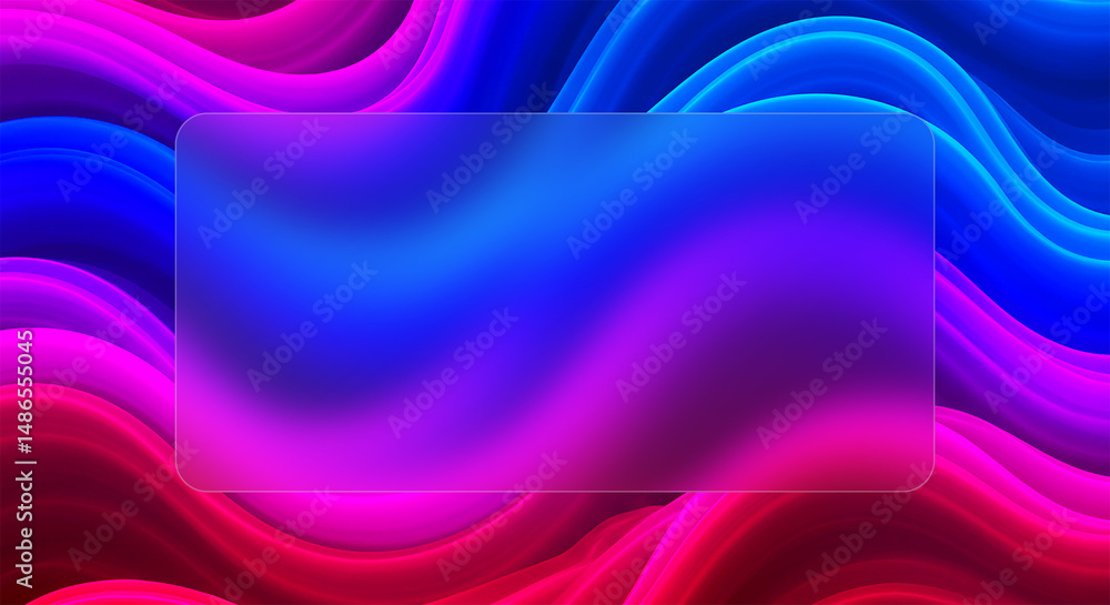 Poster abstract background with colorful wavy lines and a transparent glass rectangle in the center