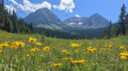 Fototapeta premium Yellow wildflowers meadow majestic mountain landscape sunny day nature scene