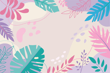 The colorful background of tropical leaves and foliage. The pastel colors and abstract shapes create a lively and artistic representation of jungle flora. For the desagn of invitations, business card
