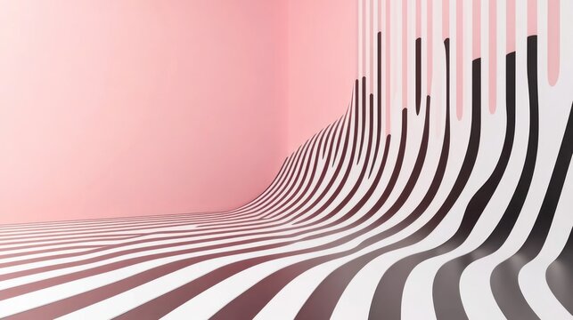 Abstract wavy stripes background pink black white 3 d render