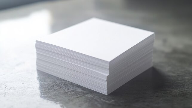 Stack of blank white square papers on gray surface minimalist mockup