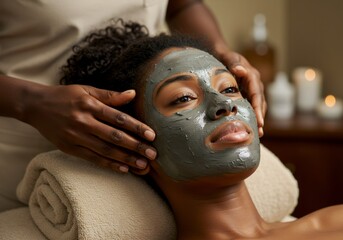 Close up of a young african american woman receiving a relaxing beauty face mask facial treatment from an esthetician in a professional spa setting for skincare wellness.