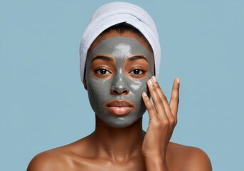 A african american woman with a clean towel on her head is applying a nourishing grey clay or mud facial mask. Concept of healthy skincare routine and self-care for rejuvenation and fresh beauty.