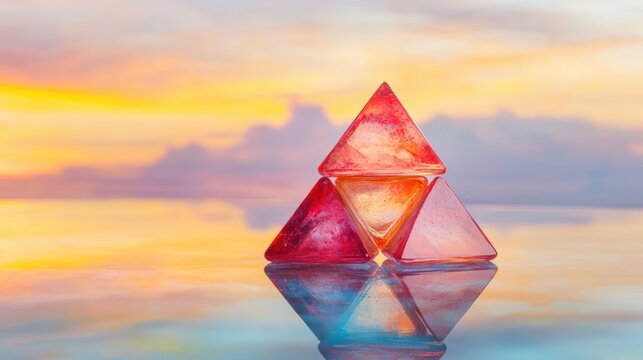 Translucent triangular pyramid at sunset abstract geometric composition