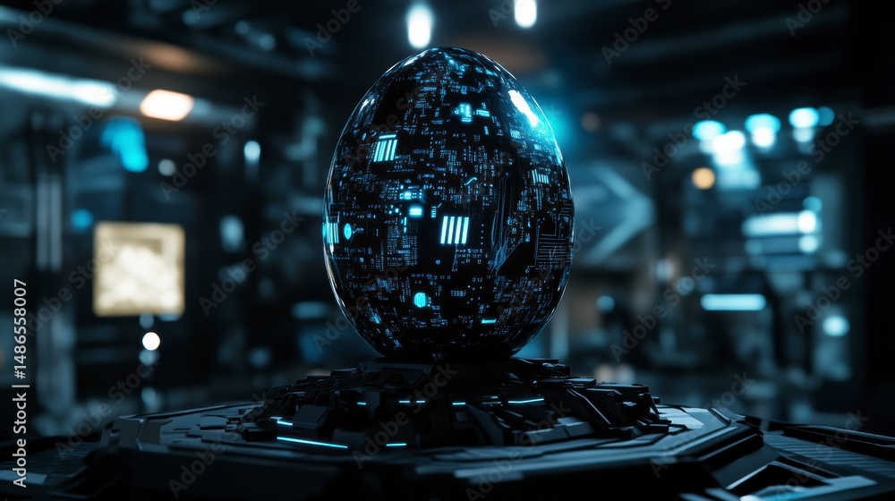 Poster Futuristic glowing egg on a technological platform in a dark room.