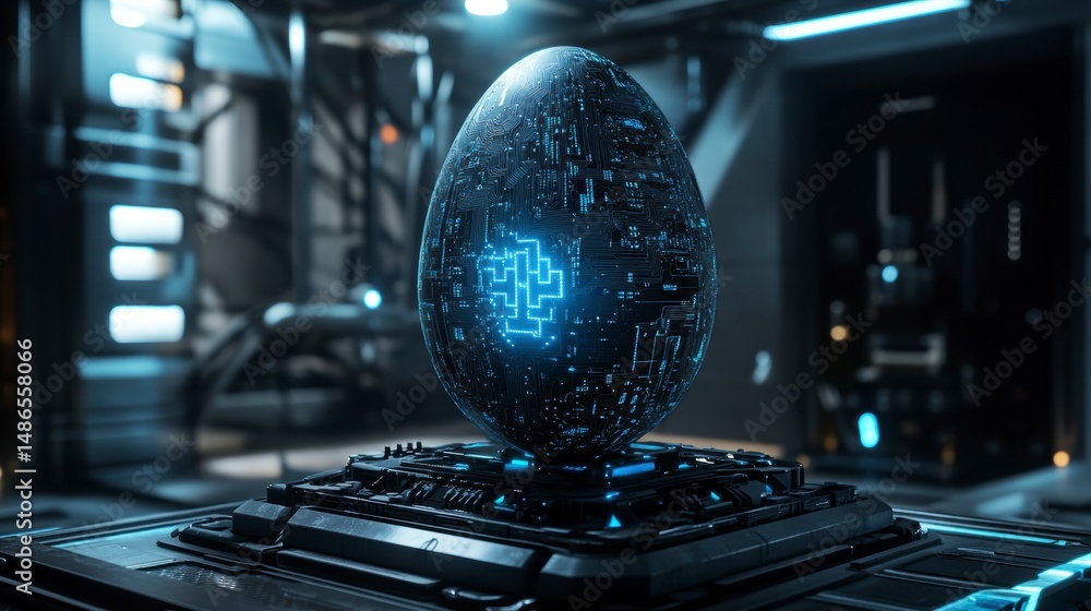 Poster Futuristic egg with glowing circuit board pattern on dark metallic stand in a high-tech lab.
