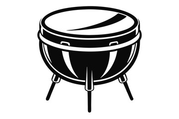 The monochromatic illustration showcases a standing conga drum, featuring a stylized bowl and simple three leg stand