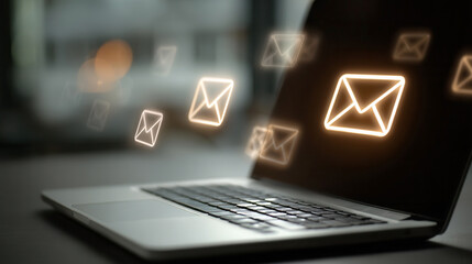 Modern laptop displays animated email notifications for seamless communication and connectivity. email, letter, mail, communication. background, Modern email marketing concept 