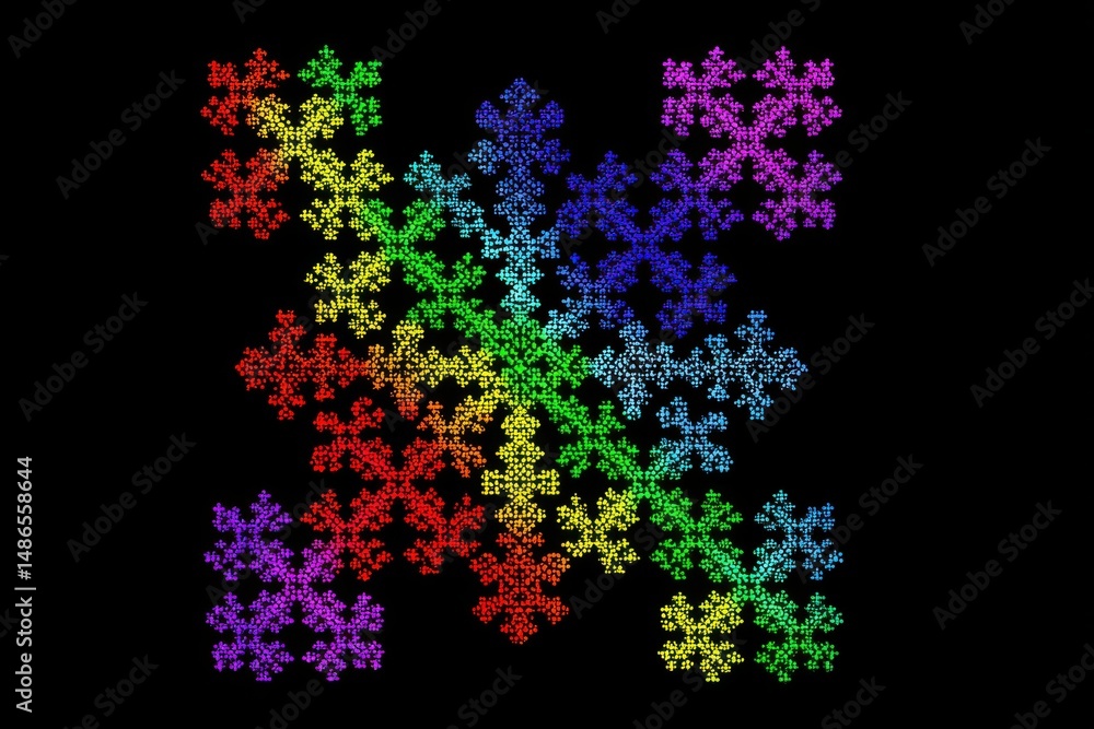 Poster a visually striking fractal pattern featuring vibrant rainbow colors on a black background, creating