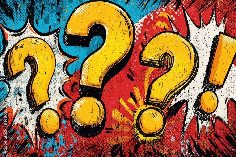 Poster a vibrant and dynamic illustration featuring multiple question marks and an exclamation point in a p