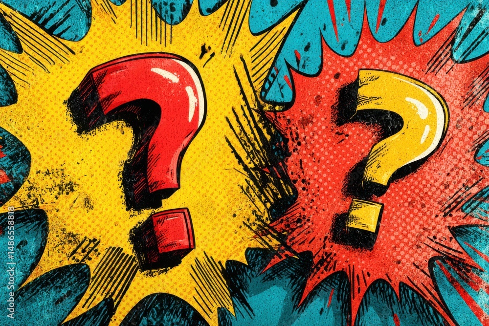 Poster bold pop art background with a red question mark and a yellow question mark, creating a dynamic grap