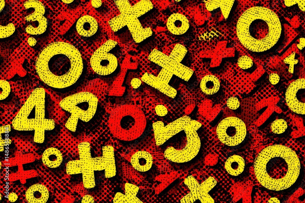 Aufkleber a vibrant and playful background featuring a chaotic array of numbers, letters, and shapes in yellow