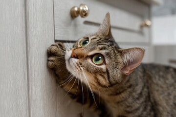 Naklejka premium A curious tabby cat reaching out its paw towards a cabinet door, focused on a playful exploration.