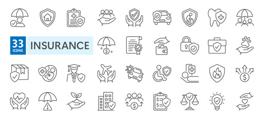 Insurance and assurance line icon set. Included Life, health care and property insurance vector icons. Editable stroke.