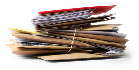 Stack of different paper envelopes isolated on white. Post office