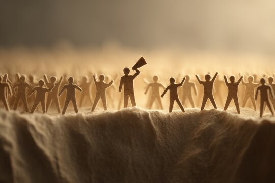 A symbolic crowd of paper people, a leader with a megaphone among them, demonstrating solidarity and collective action against a blurred background, concept of unity.