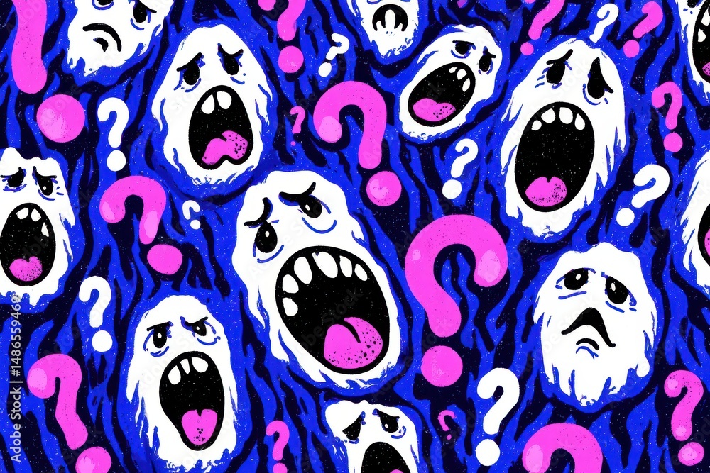 Poster a repeating pattern of screaming ghosts and question marks with a dark blue background, perfect for 