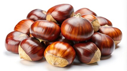 Pile of Fresh and Glossy Chestnuts on a White Background, CloseUp View
