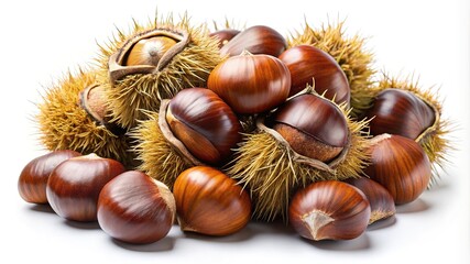 A beautiful pile of fresh chestnuts and their spiky shells on white