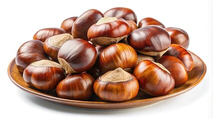 Fototapeta premium Chestnuts overflowing on a wooden plate, food photography, ready to roast