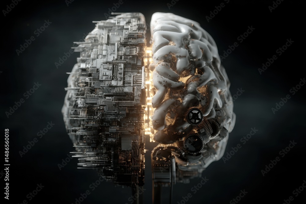 Poster a conceptual representation of artificial intelligence, showcasing a human brain intertwined with ci