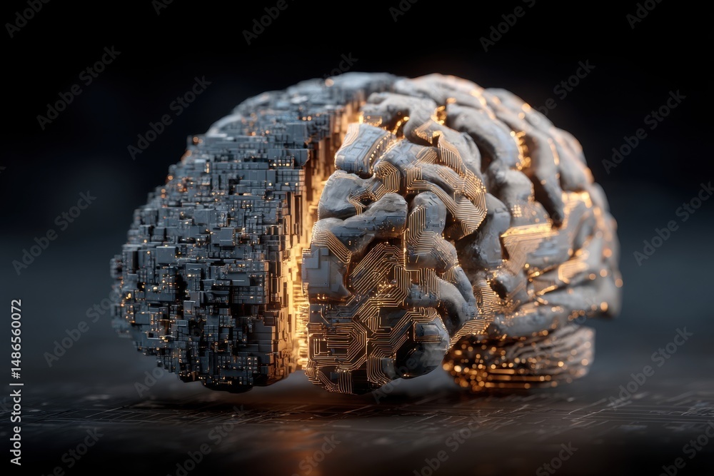Poster artificial intelligence concept showing half human brain, half circuit board illustrating the integr
