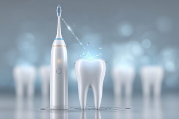 Close-up of an electric toothbrush cleaning a tooth with a splash of water, promoting dental hygiene and oral care, with teeth in the background on a reflective surface.
