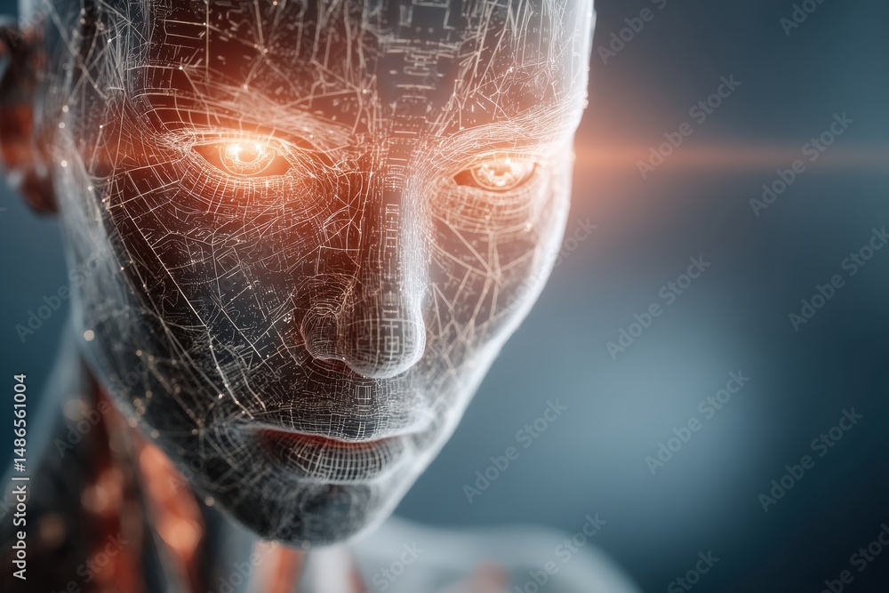 Poster a futuristic robot face with glowing eyes, showcasing advanced technology and artificial intelligenc