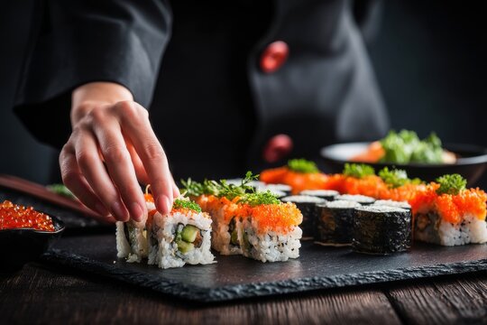 A person's hand arranging a sushi platter with assorted rolls, highlighting traditional Japanese cuisine on a slate serving board in a sophisticated setting.