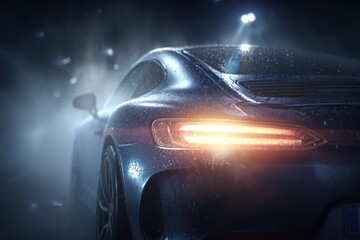 A sleek blue sports car glistens under the rain, taillights illuminated, creating a dynamic scene, showcasing its modern design and powerful presence in the night.