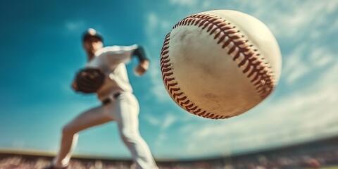 Dynamic action shot of a male baseball player about to pitch under a bright blue sky.