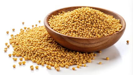 Obraz premium Mustard Seeds Overflowing a Wooden Bowl on a White Background Still Life