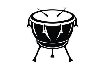 Isolated black and white conga drum with drumsticks resting atop it on a white background