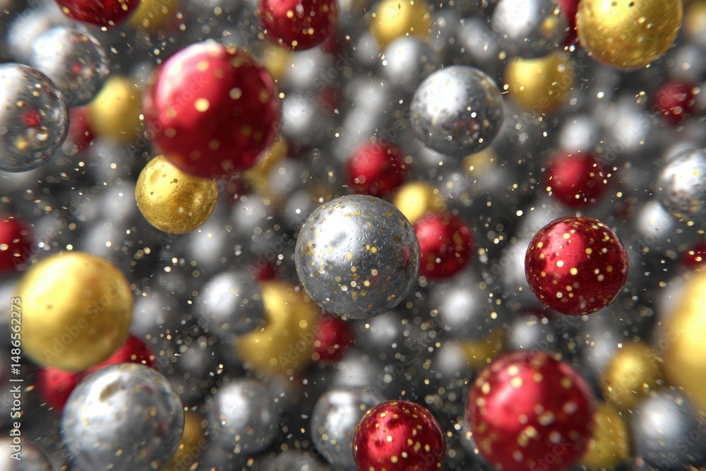 Poster a festive array of shimmering christmas ornaments in gold, silver, and red, creating a joyful and ce