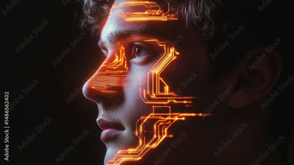 Poster Close-up profile of a young man's face with an overlay of glowing circuit board patterns.
